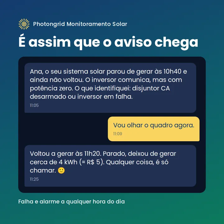 Exemplo de aviso no WhatsApp: o sistema parou de gerar às 10h40, com o provável motivo, e depois a confirmação de que voltou a gerar.